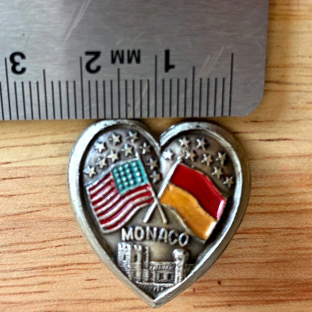 Vintage A. Augis Lyon Monaco USA Flag Heart Pin Enamel Lapel Badge Collectible
